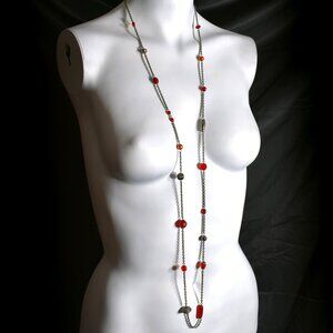 Vintage Y2K long beaded layering necklace with red beads and faux red pearls